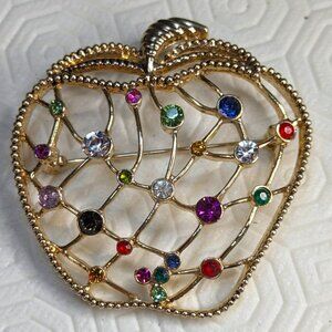 Apple Large Brooch Gold Tone Multi Color Rhinestones Lattice Style Vintage